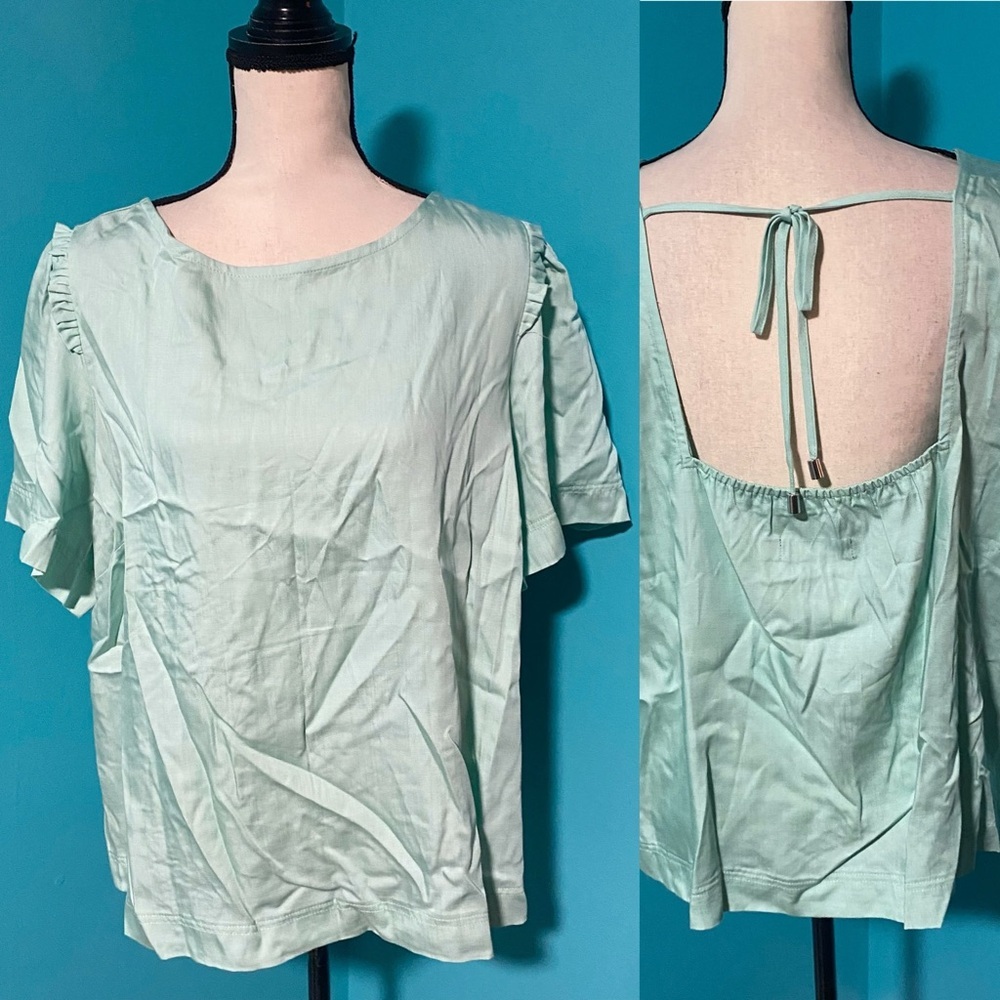 NWT New York & Company 2X Mint Green Short Sleeve Tie Open Back Top
